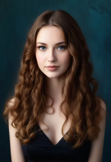 RSWMN, Russian woman, 1girl, solo, realistic, long hair, brown hair, breasts, looking at viewer, cleavage, lips, upper body, medium breasts, wavy hair, blue eyes, curly hair