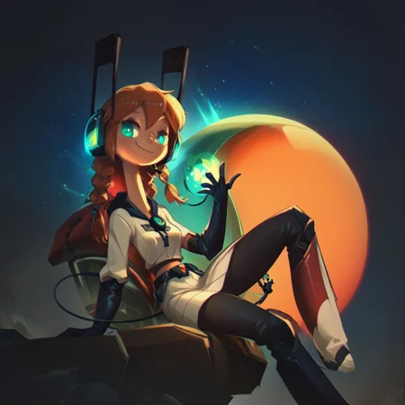 score_9, score_8_up, score_7_up, score_5_up, 28y old girl, pale skin, tall girl, long (((thick))) neck, long legs, (sitting), astronaut engineer, gradient brass to copper, heavy visor robot eye on one eye, two eyes, oversize long thick darkcopper skirt, ((engineer gloves)), taped long skirt above legs, heavy utility tools belts hanging, champion belt with huge buckle with many toolboxes, oversize hoodie on back, red thick rubber oversize hood on the back top, open helmet, covered ears, light plate space armor, heavy backpack, covered neck with radio, microphone from headset to mouth, thick black wires around, ((oversize)) thick glass bubble helmet transparent, mecha long winglike antennas above helmet, square oversize glasses, white rubber heavy sneakers, white long socks, translucent slime boy, (((black thick and long wire tail))),  beautiful eyes, (((detailed eyes, detailed face))), (smug), (((long)) (tape) (striped) hairstyle with this single ((large)) (((very long))) taaped braid, soft shading, 8k, masterpiece, face and waist close-up shot, dark space background,