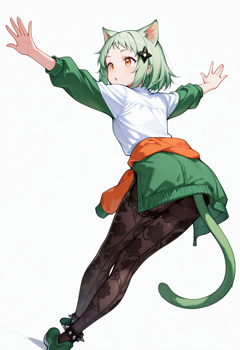 masterpiece,high quality details, absurdres, 
arms stretched overhead, body leaning to side, one foot crossed behind  ,
 <lora:Mao_Kusagakure:0.8>
mao_cnr, 1girl, green hair, short hair,orange eyes, cat ears,cat tail,hair ornament,, :o,, simple background, white background, from behind,solo,, jacket ,clothes around waist,lace leggings,  ,spiked legwear,
