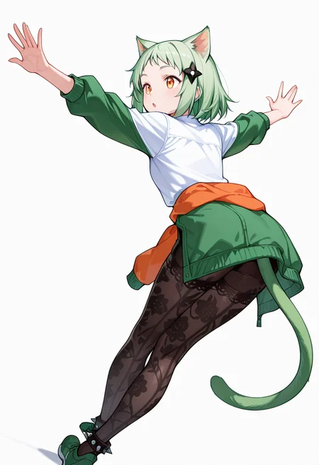 masterpiece,high quality details, absurdres, 
arms stretched overhead, body leaning to side, one foot crossed behind  ,
 <lora:Mao_Kusagakure:0.8>
mao_cnr, 1girl, green hair, short hair,orange eyes, cat ears,cat tail,hair ornament,, :o,, simple background, white background, from behind,solo,, jacket ,clothes around waist,lace leggings,  ,spiked legwear,