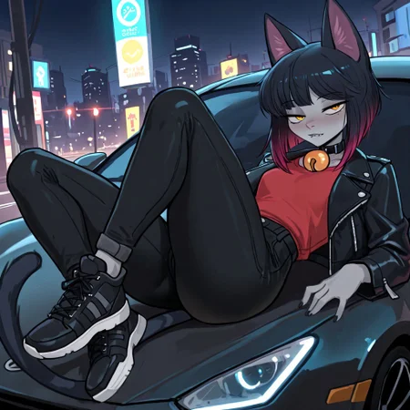masterpiece, best quality, newest, absurdres, highres, furry, perfect anatomy, 4gn3s,1girl,solo,cat girl,cat ears,multicolored hair,bangs,bob cut,yellow eyes,neck bell,grey skin,cat tail, black jacket, leather jacket, red shirt, black pants, black sneakers, laying, lying on car, sports car, night, city, streets, posing, looking at viewer, half-closed eyes, biting lip,