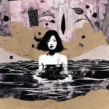 astrstica girl bathe in the stream, collage, surrealism, black ink <lora:astrstica:1>