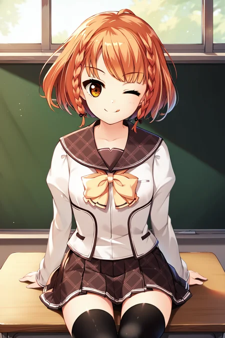 score_9, score_8_up, score_7_up, score_6_up, rating_safe, source_anime, best quality, masterpiece, detailed background, (cowboy shot), classroom, sitting on desk, wink, tongue out, smile, <lora:kusakabe-korona-xl-04:1>, kusakabe korona, small breasts, korona school outfit, korona school skirt, black stockings, zettai ryouiki