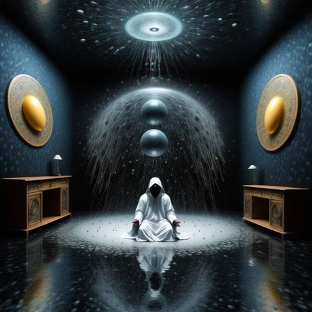 black room light vesica piscis mysterious figure side on in mid air and dripping runny eggs holy mountain style bouncing off surfaces, faces on the floor and in the ceiling, ghosts swirling, psychedelic chaos high quality circuit boards with wet looking high definition brains in a wet raining factory mirrored prisms low exposure light the magician tarot card upscaled high resolution diffused light on subjects high definition 16k very sharp super chaotic scenes , super wet and glistening with