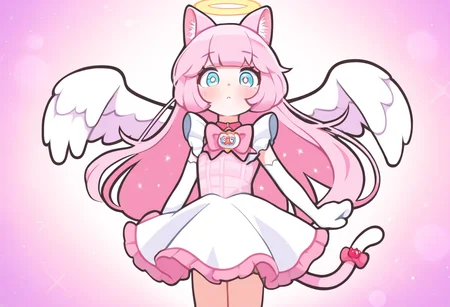 best quality, amazing quality, very aesthetic, absurdres, BREAK
1girl, angel wings, animal ears, blue eyes, cat ears, cat girl, cat tail, dress, long hair, looking at viewer, magical girl, pink hair, pink theme, solo, tail, wings, yume kawaii, yume ne, <lora:ShoeguyNoob_byKonan:1>