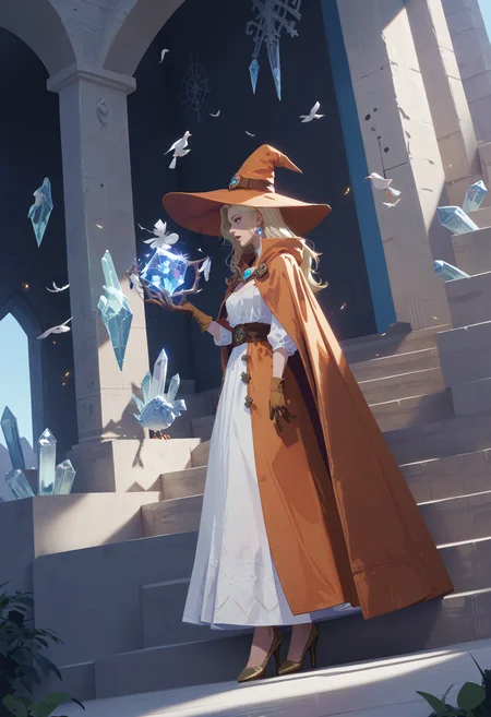 score_9, score_8_up, score_7_up, score_6_up, score_5_up, score_4_up,
<lora:CyberNova:1> cyb3rn0va,
1girl, solo, long hair, open mouth, blonde hair, gloves, dress, hat, holding, closed mouth, standing, full body, outdoors, day, white dress, looking at another, cape, from side, profile, witch hat, bird, glowing, animal, sunlight, feathers, gem, cloak, monster, crystal, stairs, long dress, witch, fantasy, orange dress, stone floor, stone wall
