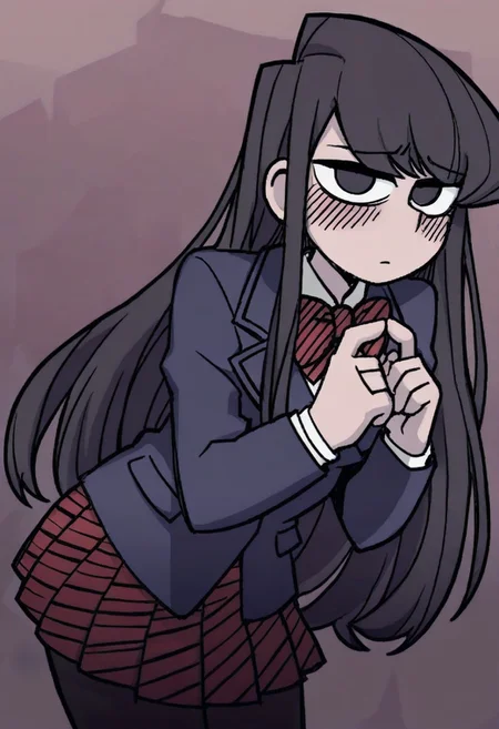 Masterpiece, best quality, aesthetic, high resolution, 1girl, solo, female, komi_shouko, black eyes, black hair, long hair, school uniform, red bowtie, blue jacket, blazer, long sleeves, striped, pleated skirt, red skirt, black pantyhose, looking at viewer, index fingers together, shy, blush, 
Vanripper