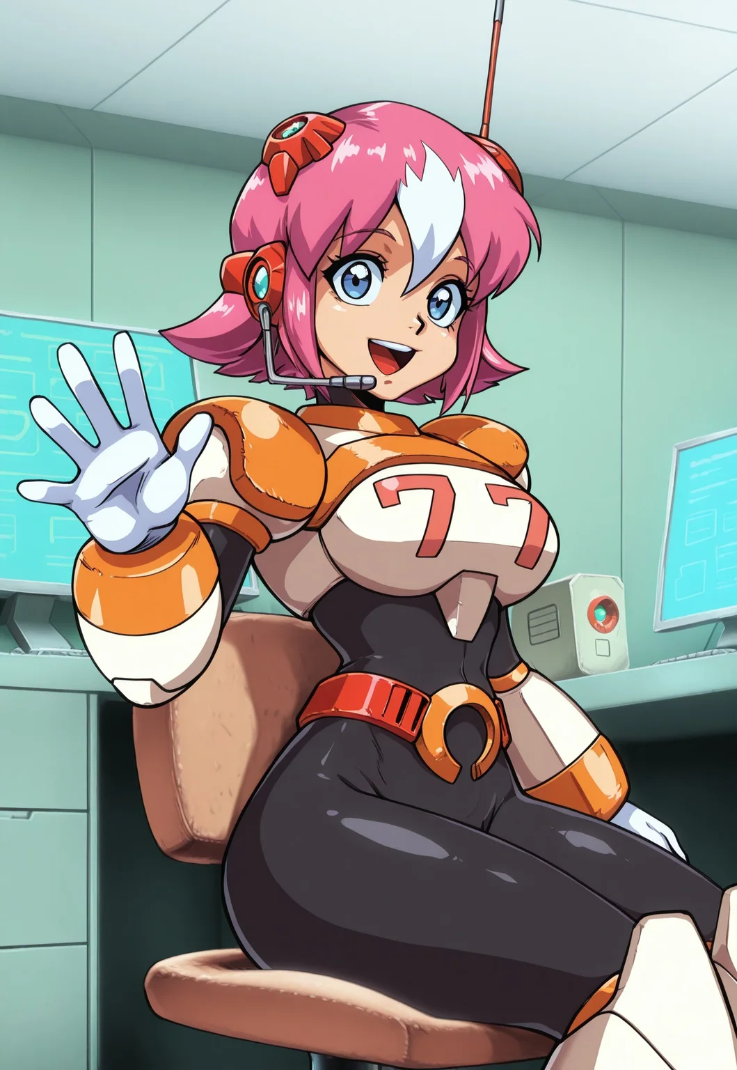 masterpiece, best quality, 1girl, solo, sotvoa, NanaX, solo, pink_hair, multicolored_hair, headphones, antenna, android, headset, two-tone_hair,belt,white armor,white gloves, white_hair, short_hair, black_bodysuit, blue_eyes, hair_between_eyes, indoors, lab, chair, sitting, computer, waving, :D, side view