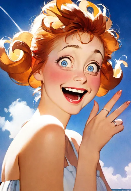 masterpiece, best quality, very aesthetic, absurdres,

1girl, solo, looking at viewer, new wedding ring on her finger, wide eyes, excited, happy, ginger, curled hair, makeup, blue sky, (seagulls in the distance:0.5),

norman rockwell style