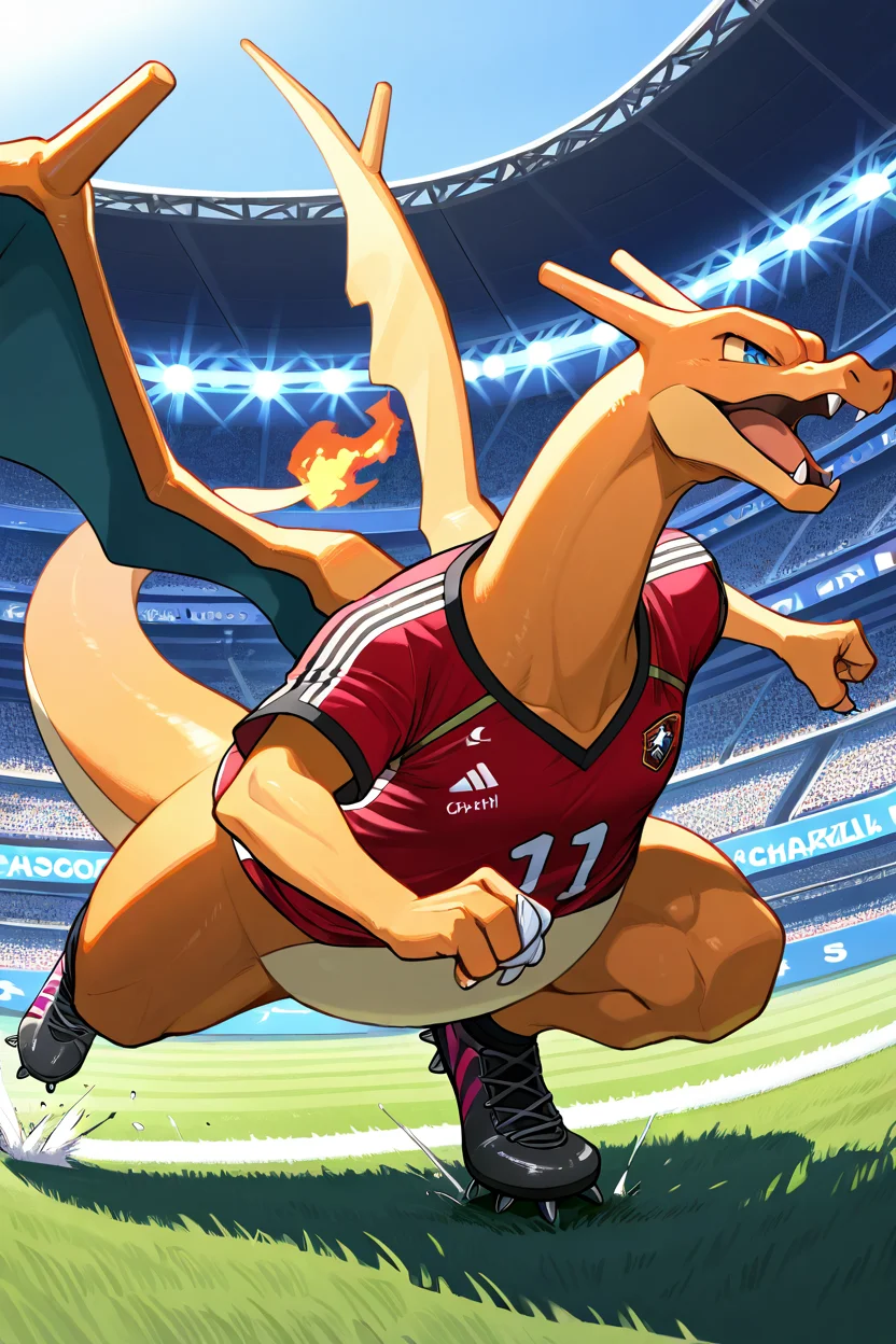 masterpiece, best quality, <lora:CharizardPokedexIXL:1.0>, no humans, solo, dynamic pose, Charizard wearing soccer uniform, cleats, goalpost, cheering crowd, action-packed field, dynamic kick, teammate in motion, stadium light