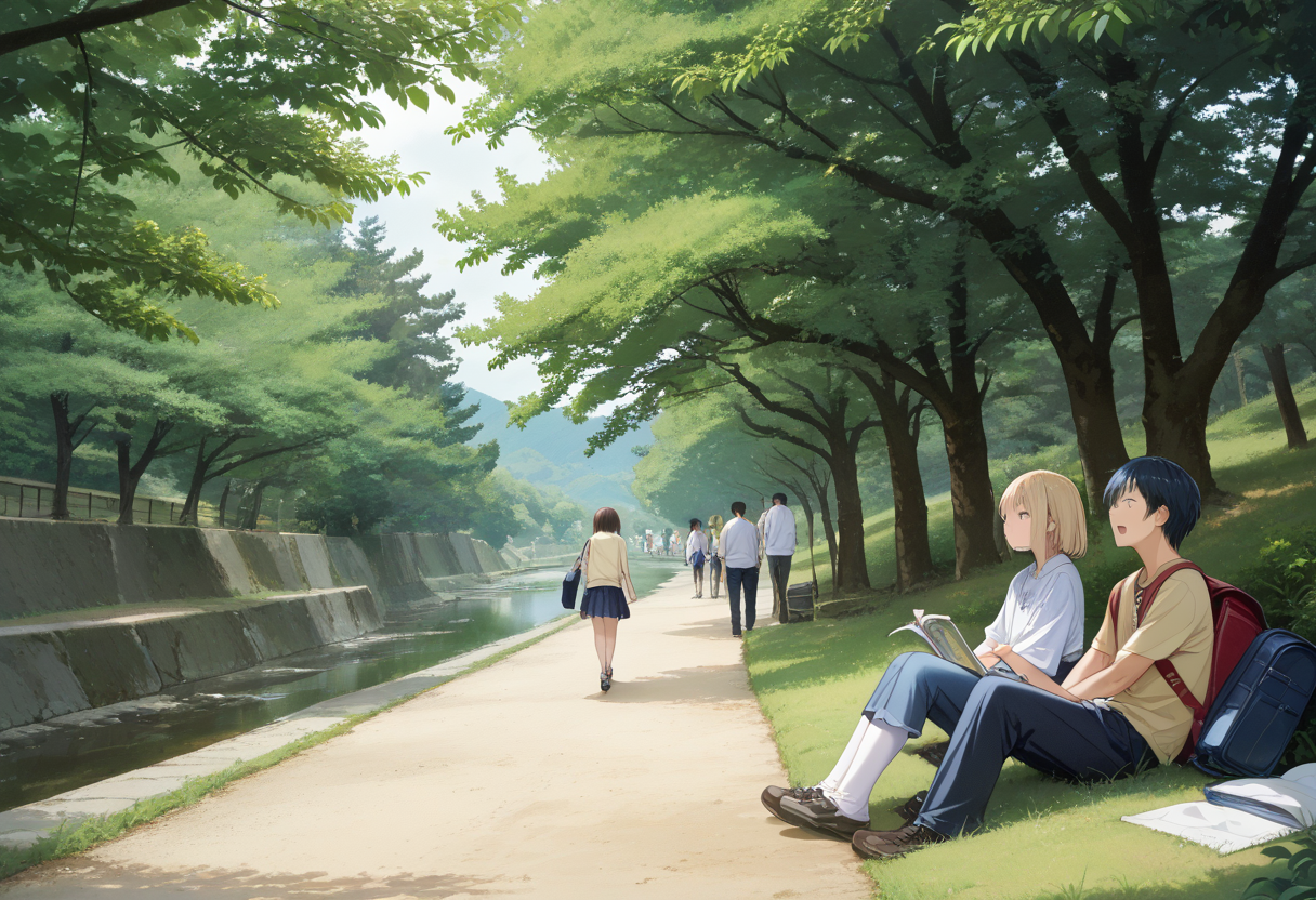 score_9, score_8_up, score_7_up, rating_safe, masterpiece, best quality, absurdres, unity 8k wallpaper, official art, official style, source_anime, uncensored, game cg, megami magazine,
syukugawa, tree, outdoors, multiple girls, multiple boys, brown hair, scenery, blonde hair, pants, bag, black hair, blue hair, backpack, short hair, realistic, photo (medium), photo background
 <lora:syukugawa_PONY_V1:1>