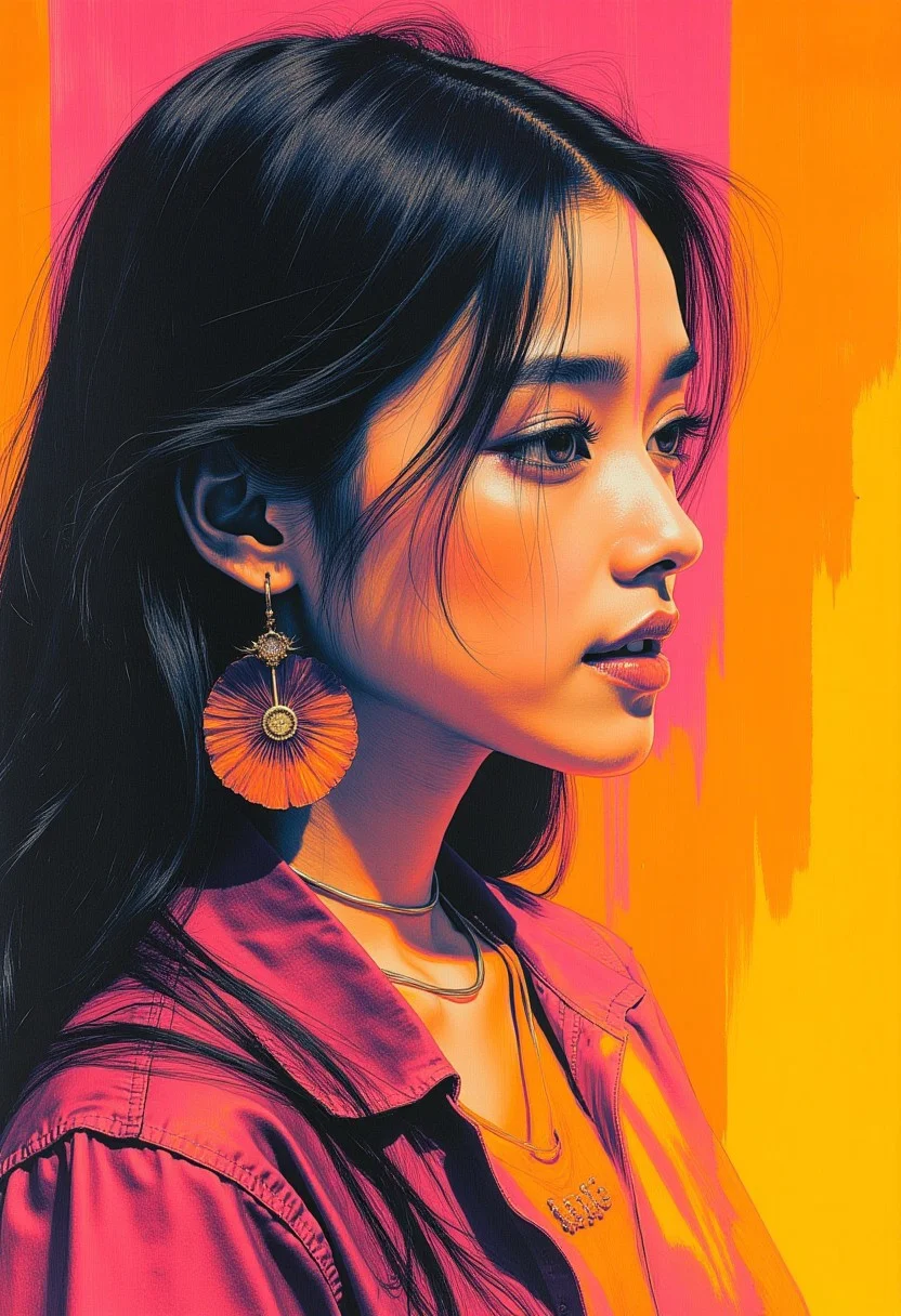 abstract ink image in vivid, surreal colours, closeup side portrait of korean woman, 20 years old, long loose hair, earrings, necklaces
