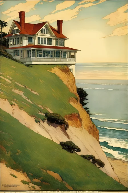<lora:William Langson Lathrop Style:1>William Langson Lathrop Style - 1910 advertising illustration for new board & batten home on bluff top on California's coastline showing ocean in background
