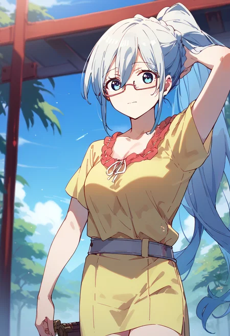 score_9,score_8_up,score_7_up,source_anime,zPDXL3,
*//*,<lora:Eleonora-v1.0-000009:1>,eleonora_bonnefoy,1girl,long hair,grey hair,blue eyes,medium breasts,ponytail,yellow dress,miniskirt,belt,glasses,semi-rimless eyewear,red-framed eyewear,
*//*,cowboy shot,dutch angle,
