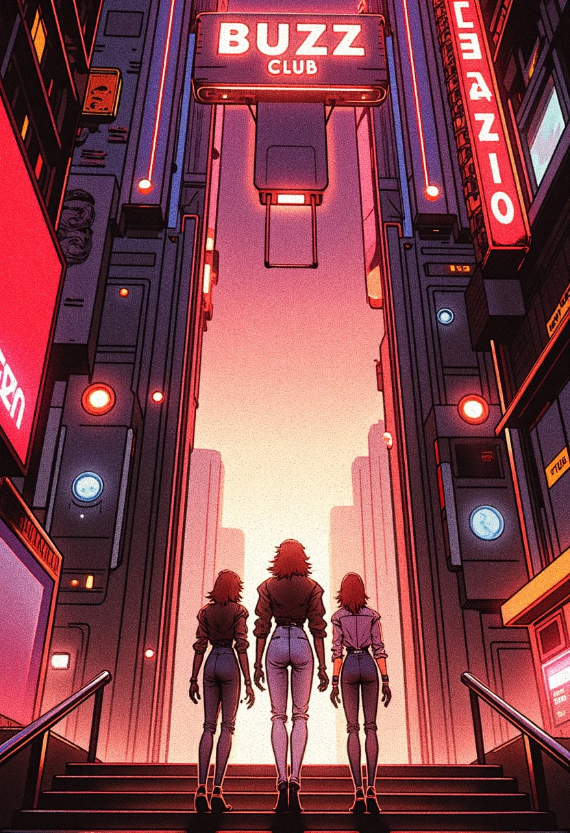 The entrance to "BUZZ Club," a towering and surreal nightclub rising from a bustling cyberpunk metropolis, its silhouette illuminated by massive neon signs, holographic banners, and animated light sculptures. The building’s edges shimmer with smart glass and reflective alloys, while pulses of energy ripple through glowing conduits and circuitry running along the walls. The details are robotic elements and interactive tech—holographic greeters, rotating AI projectors, and synthetic fog machines emitting bursts of colored vapor. Three elegant cyberpunk hostesses stand at the main gate, their presence magnetic and stylish. They wear high-fashion cyberwear: corset-inspired jackets made of reflective polymers, modern trousers with LED-thread accents, and sharp, geometric heels. Their accessories include nano-glass eyewear, bio-integrated jewelry, and wearable tech bracelets. The scene glows with a moody, electrified atmosphere, blending Arcane’s painterly richness with a slick, digital edge.