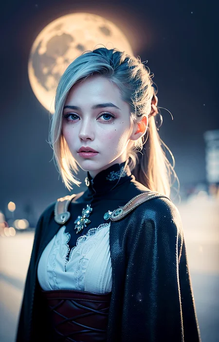 masterpiece, (best quality:1.2), (ultra-detailed:1.2), illustration, (an extremely delicate and beautiful:1.2),cinematic angle,floating, (beautiful detailed eyes:1.1), (detailed light:1.1),cinematic lighting, beautifully detailed sky, women, white hair, blue eyes, (high ponytail:1.1), cloak, glowing eyes, (moon:1.2), (moonlight:1.1), starry sky, (lighting particle:1.1), fog, snow painting, sketch, bloom