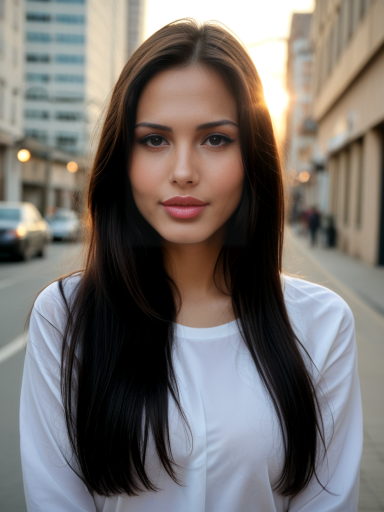 score_9, score_8_up, score_7_up, Patricia Araujo, Patricia4r4ujo, <lora:Patricia4r4ujo-000008-pony:1>,  cinematic, ultra detailed, portrait, 1girl, makeup, lips, long hair, dark hair, big lips, wearing big baggy shirt, cityscape, 1980s, solo, looking at viewer, bokeh, focus, film, velvia, artistic, best quality, photograph, focus, face focused, magic hour, photography, warm light, sunset, movie still,