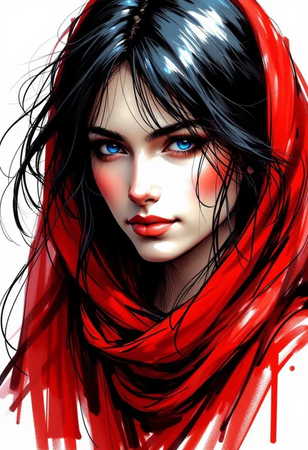 inksketch, high quality image of a beautiful peasant woman that wears a red scarf around her hair which is black streaked with white, her luminous blue eyes light her face