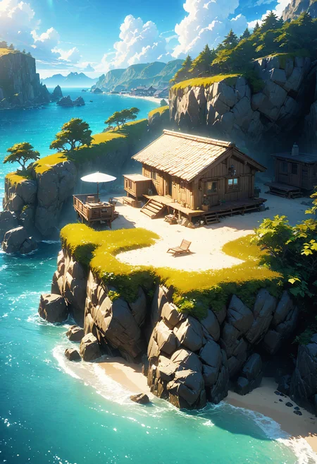 a bay, surrounded by high rock cliff, wooden cabin on the beach, tatched roof, paradisiacal, calm sea, detailed landscape, sunny, blue sky, clouds, verticality, cgi, cinematic, masterpiece, best quality, very aesthetic, absurdres, <lora:add-detail-xl:1>,  <lora:MJ52:0.25>,  <lora:SDXLFaeTastic2400:0.7>,  <lora:perfect-eyes:1> perfecteyes