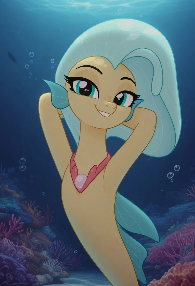 (masterpiece:1.2), (best quality:1.2), (very aesthetic:1.2), (absurdres:1.2), (detailed background), newest, sharp focus, perfect light, dynamic light, natural light, (best quality), princess skystar, skystar, my little pony, yellow skin, seapony, brilliant cyan eyes, light arctic blue hair, detailed eyes, detailed face, happy, looking at viewer, necklace, underwater, fin hands, face focus, hands behind head, lidded eyes, light Arctic blue head fins, air bubbles, air bubble, coral reef, dynamic lighting, cinematic lighting