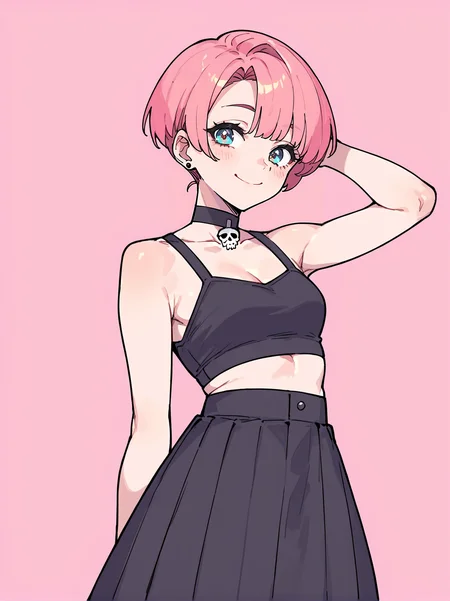 score_8_up, score_7_up, score_6_up, source_anime, 1girl, solo, simple background, pink background,
standing, pose, contrapposto, arched back, cowboy shot, facing viewer
smile,
skullchoker
black crop top, black skirt <lora:Skull_Choker-000004:1>