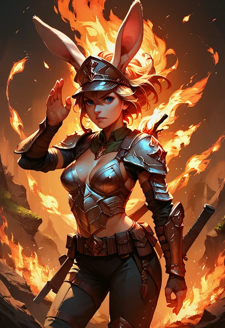 score_9,score_8_up,score_7_up, BREAK fireffect, fire, Marines Blue eyes, solo, armor, sfw rabbit pose, esthetical, medium breasts, thirsty, high fantasy BREAK jungle