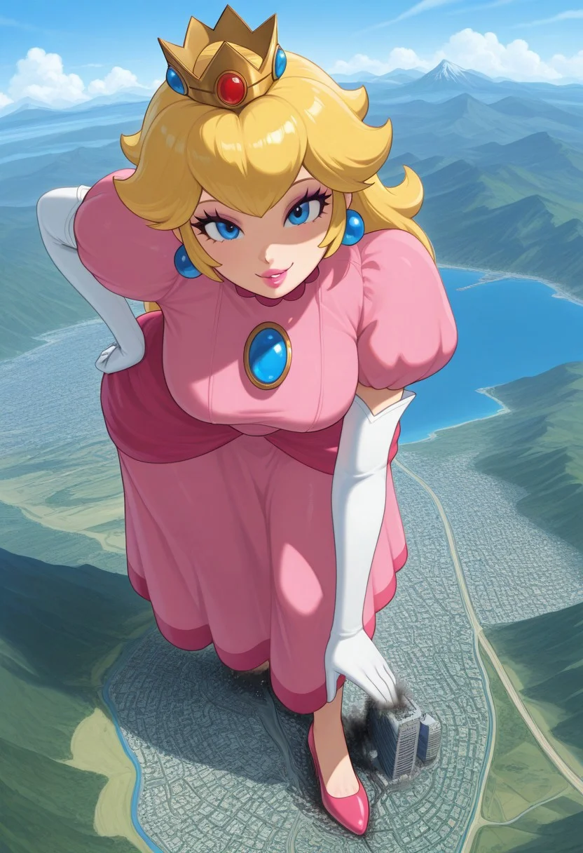 , giantess, full body view, foreshortening, foreshortening, Giantess,, giantess, from above, best quality, absurdres, 1girl, solo, hips, leaning forward, presenting foot, foot fetish, naughty smile
score_9,score_8_up,score_7_up,score_6_up , BREAK , makeup, lips, lipstick
from above,
extremely gigantic, really tall,steamy breath, steamy body,,looking at viewer,
<lora:giantess-ponyxl-lora-nochekaiser:1> giantess, giant, city, building, outdoors, destruction,
outdoors, destruction, , giga size,landscape,planet size,mountain,river,cloud,sea,princess peach, sppeach, blonde hair, long hair, blue eyes, dress, pink dress, crown, earrings, elbow gloves, high heels