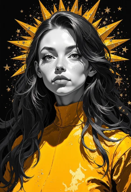 Close-up of a stylized female portrait.
The figure is rendered in a grayscale palette, with a deep gold color for clothing and hair, set against a vibrant radiant dark black background. The woman has long, golf hair that falls down her back. Her facial features are defined, with a strong jawline and a confident expression.
A turtleneck-style top is visible, further enhancing the silhouette. The overall style is fashion-forward and somewhat dramatic, emphasizing form and contrast against the background. The figure is presented in a face view.
magic particles, multiple references, high_detailed, captured in high detail, CharacterDesignFLUX
DB4RZ, DB4RZ style painting