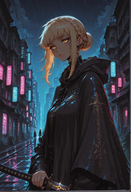 score_9, score_8_up, score_7_up, masterpiece, best quality, very aesthetic, incoth, (incase:0.6), r17329_illu, (dynamic:1), highres, detailed, 1girl, KnightLeda, blonde hair, bangs, crown braid, hair floating on wind, yellow eyes, focused, looking at viewer, hoodie, poncho, coat, cyberpunk, holding sword, holding katana, katana, neon city, neon city valley, rain, night sky, neon kanji signs
<lora:Needle_Knight_Leda_-_Maly007_lora:0.75>::0.3
<lora:r17329_illu:0.3>
<lora:PlantraStyleMix:0.8>
<lora:incoth:0.4>