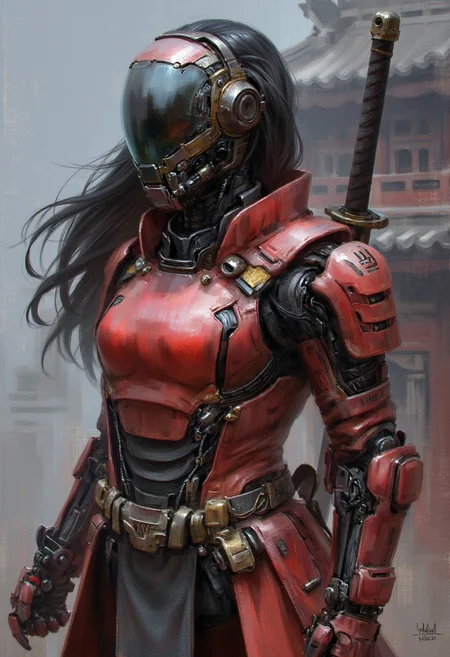in the style of ck-sfc, female cyberpunk robot samurai, robot face with mirrored face shield, hyperdetailed helmet, flowing black hair, red leather plated armor, robot joints, body made of metals, cables and wires, a katana strapped to her back, abstract background suggesting eastern temple