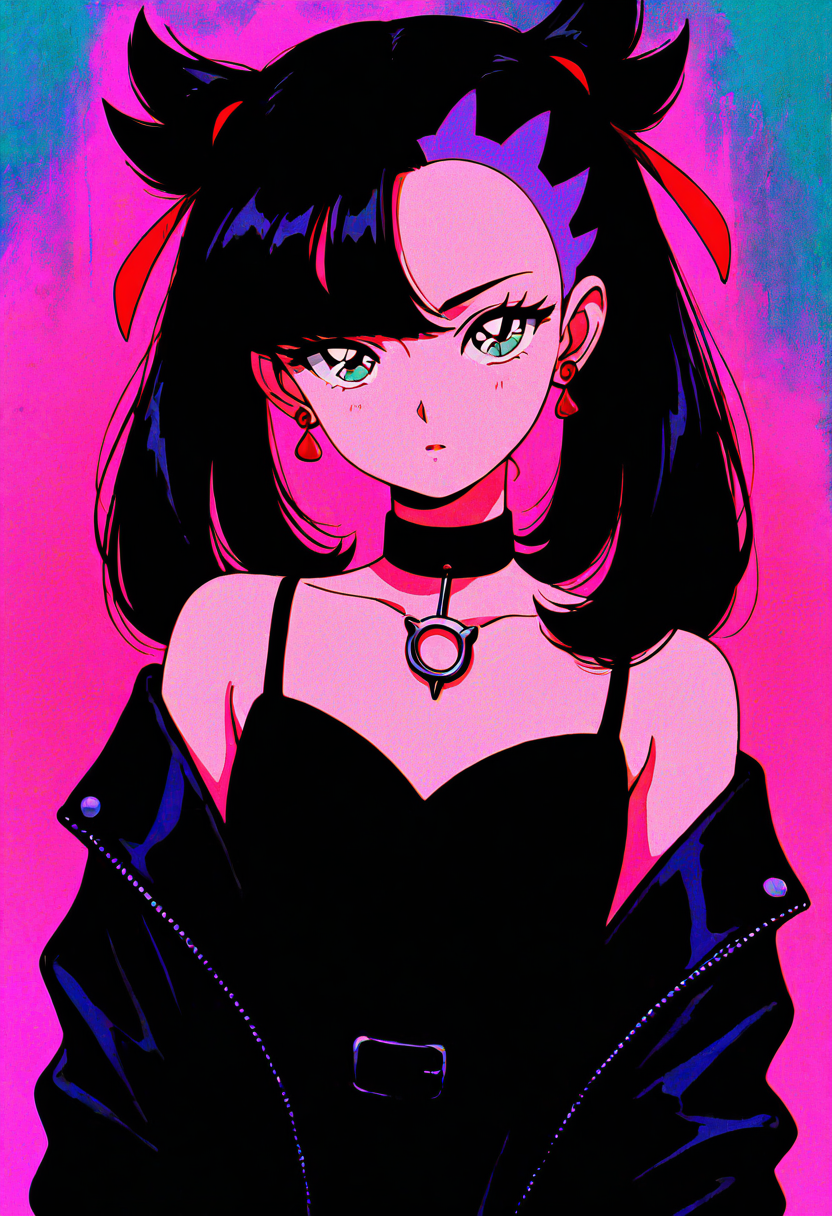 (masterpiece, best quality, good quality, very aesthetic, absurdres),    1girl, solo, eyelashes, (beautiful eyes),   zzMarnie, aqua eyes, black choker, red ribbon, pink dress, jewelry, black jacket, open clothes, long sleeves, looking at viewer, jewelry, collarbone, upper body, heart, earrings, choker, necklace, off shoulder, black eyes, black dress, parted bangs, black choker, film grain, looking at viewer, black hair, bare shoulders, upper body, off shoulder, black dress, black choker, hoop earrings, 1980s (style), film grain, <lora:GothRetroNAI:0.8>, <lora:MarniePokemon_NAI_v2:1.0>,