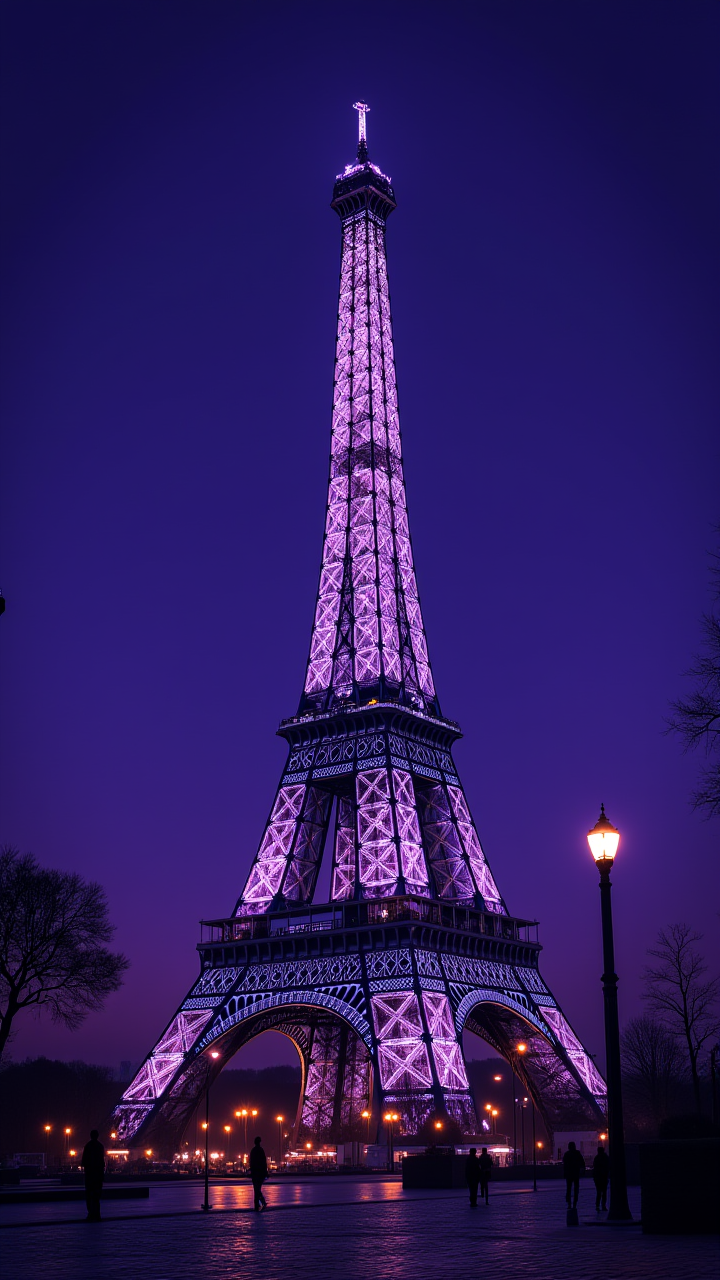 Luminescent, The iconic Eiffel Tower of Saint-Égles stands tall against the backdrop of a clear deep purple sky. Its detailed carvings and ornate architecture are Shadowy by the soft glow of streetlamps, aidmaMJ6.1