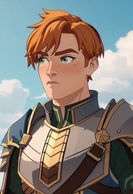 Score_9, Score_8, Score_7, TDPStyle, Gren, Armour, Ginger Hair, Freckles, looking to the side, confused, bust shot