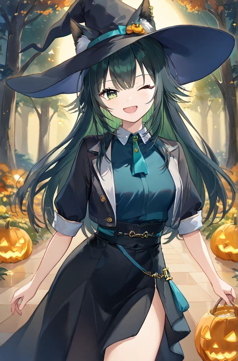 anime artwork 1girl, solo, witch, hat, witch hat, dress, halloween, halloween costume, jewelry, (dog ear),
tsukimura temari, long hair, green eyes, black hair, (lip:0.8),
evil smile, laughing, one eye closed, looking at viewer
outdoor, night, forest
nsfw, <lora:add-detail-xl:1>, <lora:tsukimura_temari-pony-v1-000017:0.9>, <lora:witch-ponyxl-lora-nochekaiser:1>, <lora:dog_girl_concepts_v1.2:1>
((masterpiece)), (top quality), (best quality), (official art, beautiful and aesthetic:1.2), extreme detailed, colorful, score_9, score_8_up, score_7_up, anime . anime style, key visual, vibrant, studio anime, highly detailed