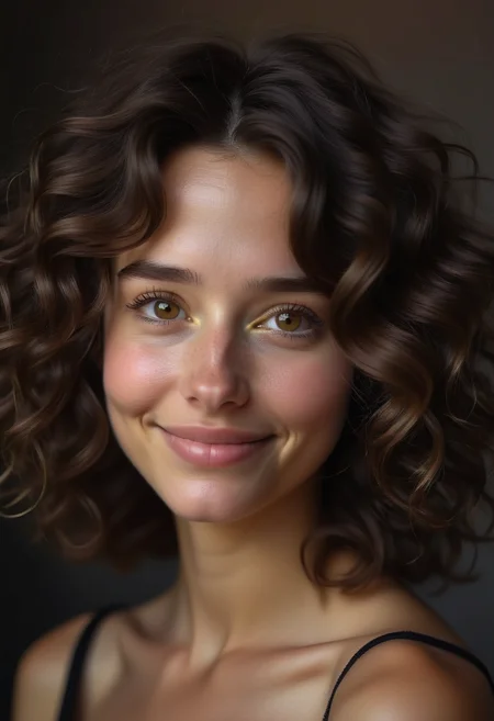 2d, A close-up of a model with wavy, shoulder-length dark brown hair, her almond-shaped eyes brimming with emotion, and a soft, wistful smile on her face., highly detailed, Enthralling, Rembrandt lighting, dark pastel, sad atmosphere <lora:usual-portrait-v2:1>