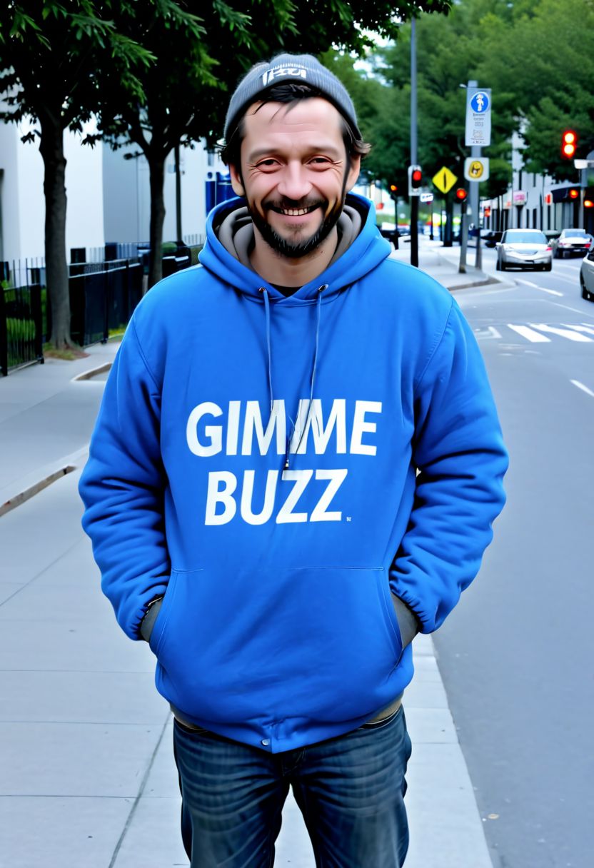 Homeless guy standing on the street ( wearing a sign, with the words written: (( Gimme BUZZ )) in it, with a frown smile on his face, High quality, realistic, 8K, UHD
