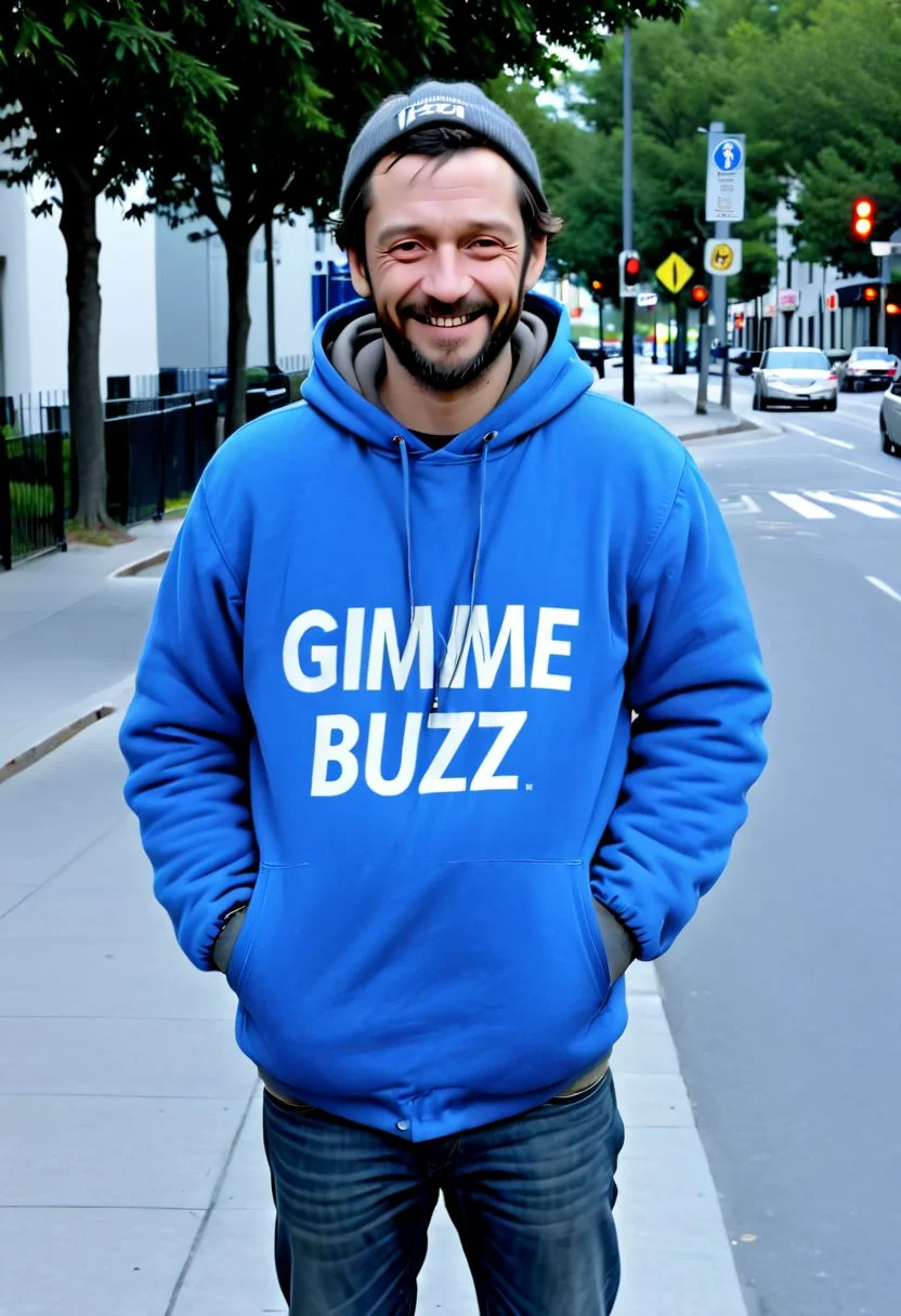 Homeless guy standing on the street ( wearing a sign, with the words written: (( Gimme BUZZ )) in it, with a frown smile on his face, High quality, realistic, 8K, UHD