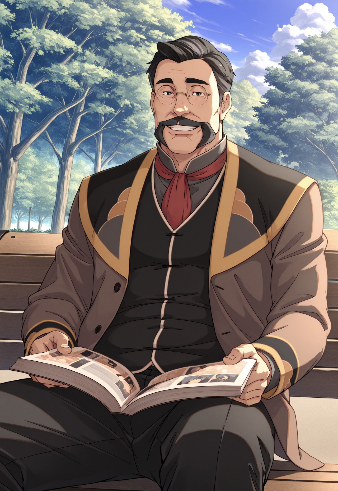 solo, masterpiece, detailed, ultra hd, best quality, 1boy, male, official art, w0lfc0nf, modern, new, masculine face, daddy looking face

LOKHiroshi, black hair, mustache, glasses, vest, jacket, looking at viewer, smiling, sunny, outdoors, sitting, reading, park bench
