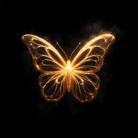 butterfly made out of singular intricately flowing light strands against a black background, swirling particles, abstract graphics, contours of a burning tree hidden in smoke, majestic, concept art, flowing light, glowing dust