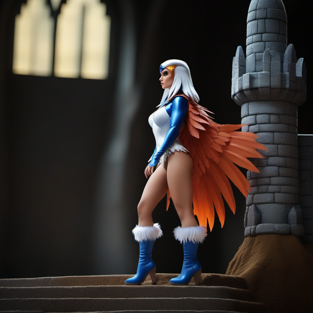 cinematic photo a woman, white hairs, boots, feathers, wings, breast, grayskull castle background  <lora:Sorceress1024:0.8> . 35mm photograph, film, bokeh, professional, 4k, highly detailed