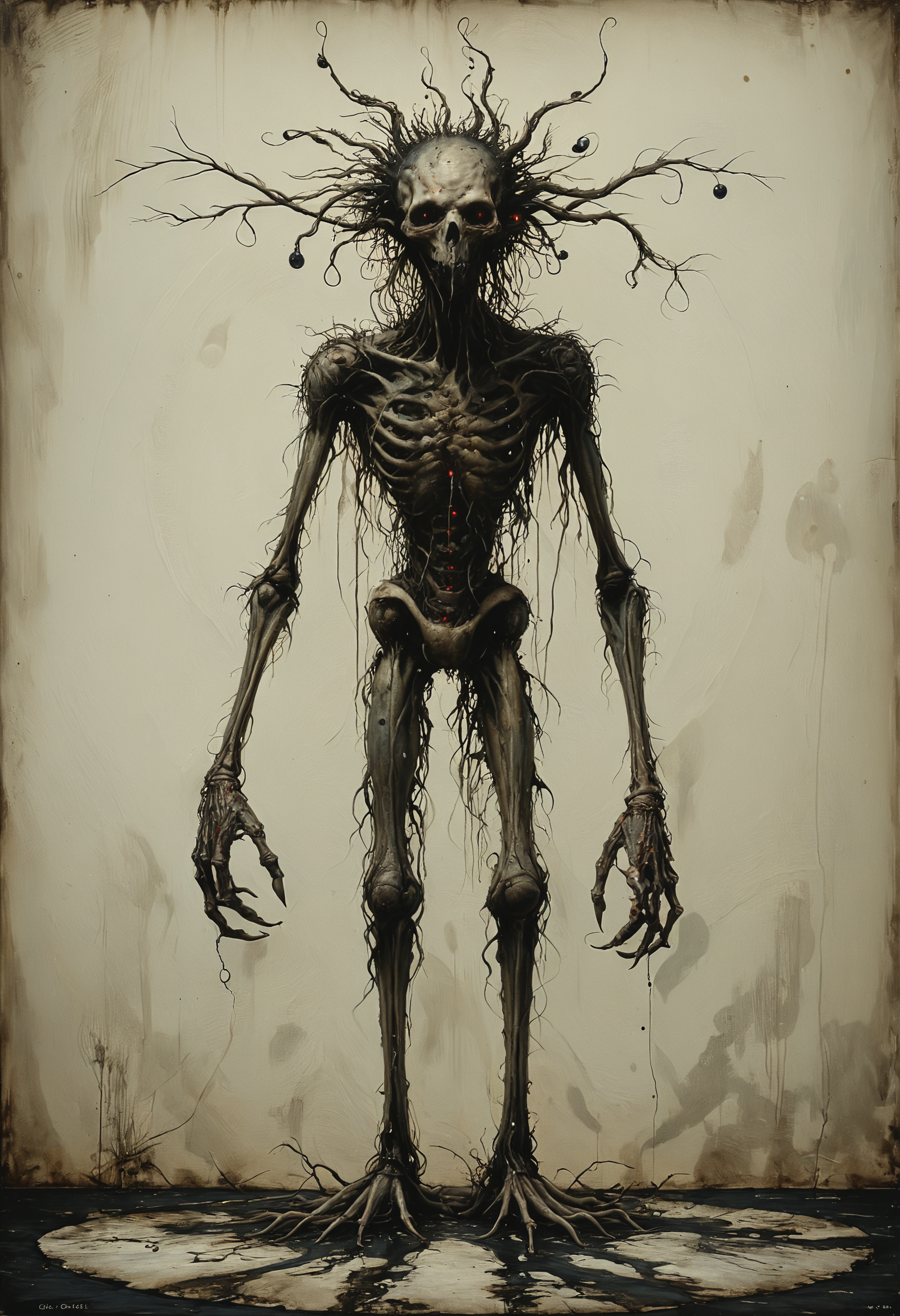 Twisted creature with contorted, elongated limbs, Flickering light, <lora:Melting_world:0.8>, <lora:Colorful_Circles_SDXL:1> mad-circle