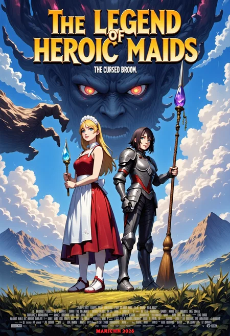 Concept:
A masterpiece high quality poster for an theatrical anime movie.
Style:
4k quality professional anime poster art with vivid vibrant colors, cel-shaded characters, perfect text title, mvpstrCE style, detail eyes, retro_anime.
Main Text:
The title of the movie is  ("THE LEGEND OF HEROIC MAIDS") written at the top in bold large fantasy font with golden trim, and an underline, there is a subtitle under it saying ("The Cursed Broom") in simple yellow fantasy font.
The Characters:
On the Right Side stands a regal blonde female knight in a fancy decorated full plate armor holding a metal broom with a blade at its tip, she is also wearing a long apron and frilly maid headdress on top of her armor, she is standing in sideview but looking at viewer, she has blue eyes.
On the Left Side stands a gorgeous brunette witch wearing a red frilly fancy sleeveless dress and she is holding a magical broom with blue magical crystal at its tip, she is wearing a fancy apron and frilly maid headdress on top of her dress, she is standing in sideview but looking at viewer, she has green eyes.
The Background: 
Vast grassy hills, mountains, epic castle in the distance, a silhouette of a giant evil broom towering over the landscape shrouded in mist infused with dark magic, majestic anime clouds frame scene.
Additional Text At Bottom of Poster:
At the bottom names of fake voice actors usually seen on anime posters, including a release date in ("March 2026") in a red font.