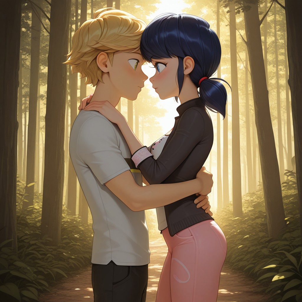 masterpiece, best quality, (1boy, adrien_a, blonde hair), break, (1girl, marinette_d, black hair, short twintails) standing, forest, natural lighting, hug, eye contact, from the side