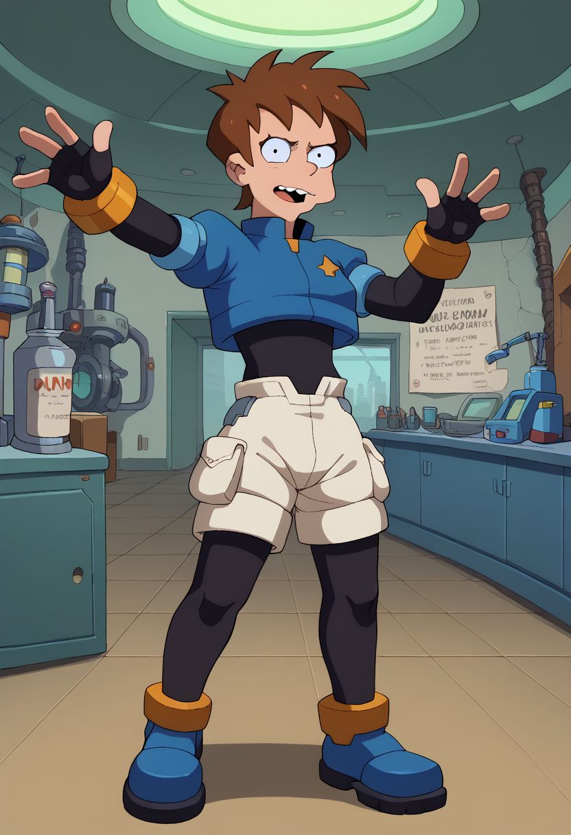 score_9, score_8_up, score_7_up, english text, 1girl, small breasts, brown hair, short hair,  circle eyes, dot pupil, overbite, robot ears, black bodysuit, fingerless gloves, blue Cropped Jacket, cropped jacket, short sleeves, bracelet, shorts, anklet, shoes, blue footgear, henshin pose, arm up, looking at viewer, legs apart, outstretched arm, standing, source_cartoon, futuramastyle, indoors, laboratory, black pantyhose