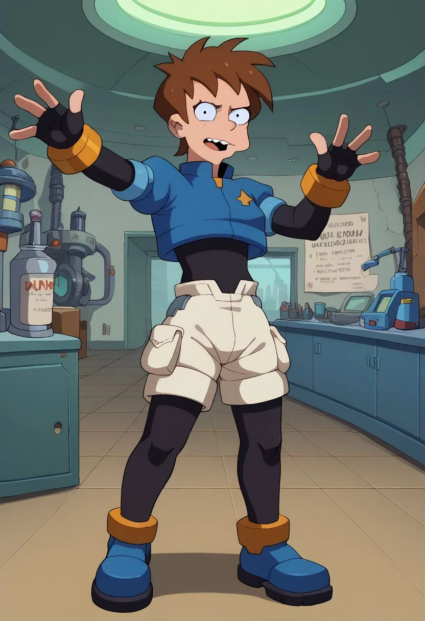 score_9, score_8_up, score_7_up, english text, 1girl, small breasts, brown hair, short hair, circle eyes, dot pupil, overbite, robot ears, black bodysuit, fingerless gloves, blue Cropped Jacket, cropped jacket, short sleeves, bracelet, shorts, anklet, shoes, blue footgear, henshin pose, arm up, looking at viewer, legs apart, outstretched arm, standing, source_cartoon, futuramastyle, indoors, laboratory, black pantyhose
