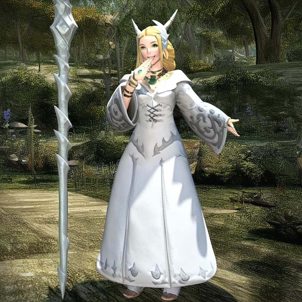 1girl, solo, blonde hair, green eyes, jewelry, necklace, long hair, dress, weapon. white dress, fantasy, staff, wide sleeves, long sleeves, ring, standing, choker, breasts, full body, tree, smile, hand over own mouth, lips, slim body, cute female, majesty female, bracelet, outdoors, beatiful face, looking at viewer