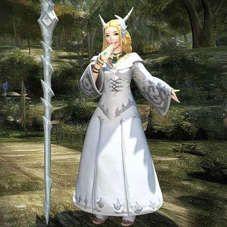 1girl, solo, blonde hair, green eyes, jewelry, necklace, long hair, dress, weapon. white dress, fantasy, staff, wide sleeves, long sleeves, ring, standing, choker, breasts, full body, tree, smile, hand over own mouth, lips, slim body, cute female, majesty female, bracelet, outdoors, beatiful face, looking at viewer