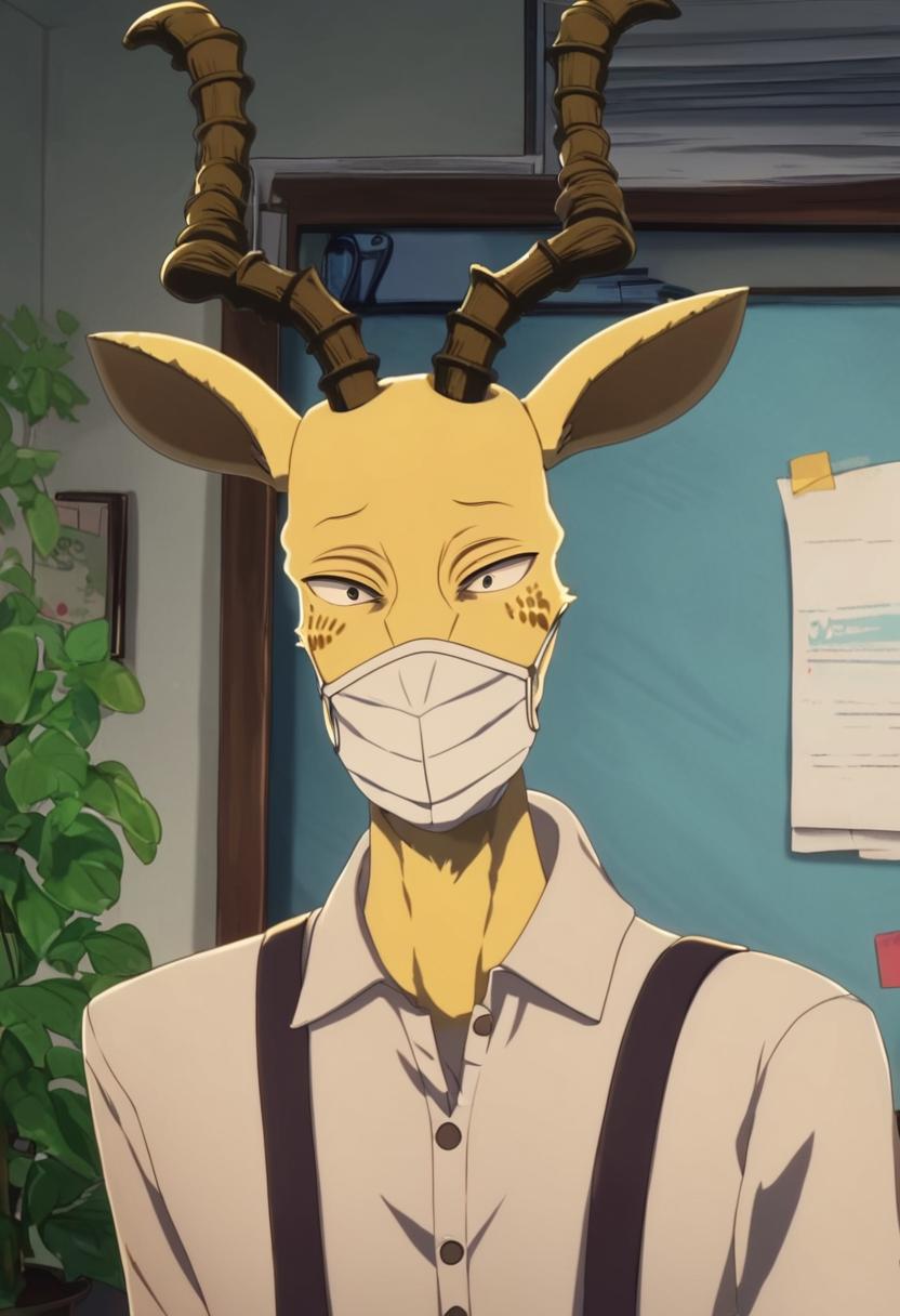<lora:Melon_-_Beastars:1>, score_9, score_8, score_8_up, score_7, melonbeastars, 1boy, solo, anthro, male, antlers, freckles,  surgical mask, face mask, office, indoors, doctor, white shirt, suspenders, looking at viewer, long nails