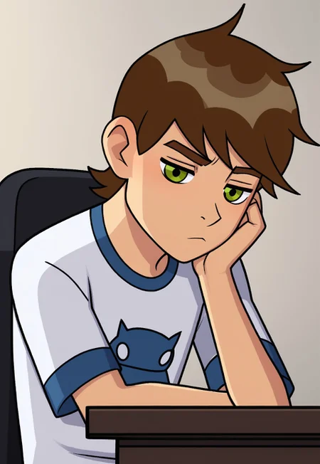 CHBen10, 1boy, wearing 10 shirt, upper body shot, bored, sitting in chair, solo