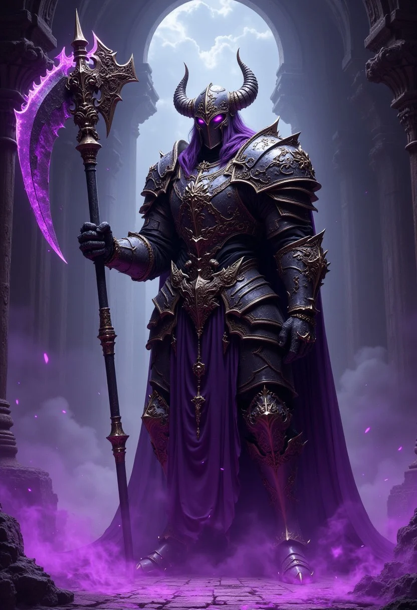 A dragonborn paladin holding a giant scythe, heavy armor, dungeon, purple glowing light, Knight
cinematic, end boss scenery, ornaments, baroque ornaments, armor details, (FredFraiStyle:1.5)